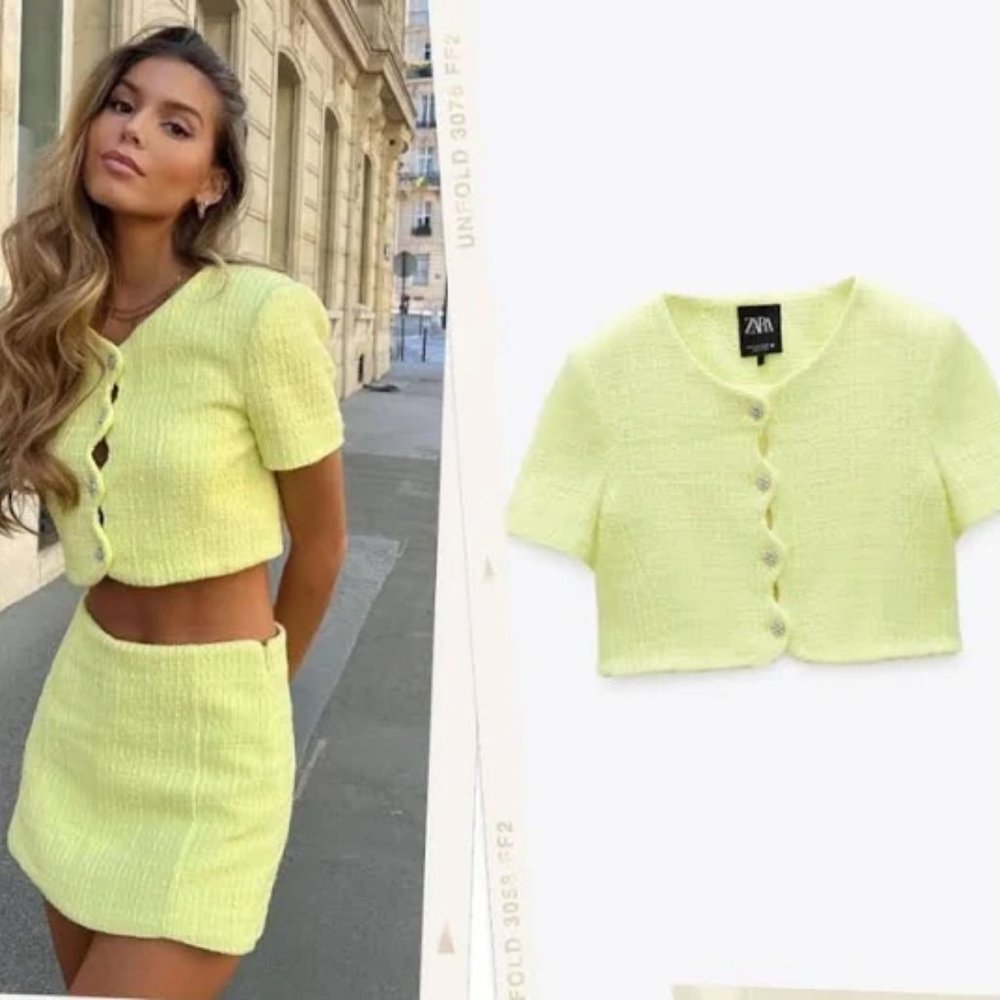 ZARA WOMAN 2 PEICE SET TEXTURED CROP JACKET PASTEL CROP BLAZER YELLOW SMALL